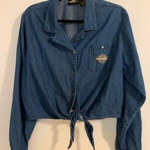 Harley-Davidson Blue Denim Tie Front Top with Gold Embroidery Snap Closure XL